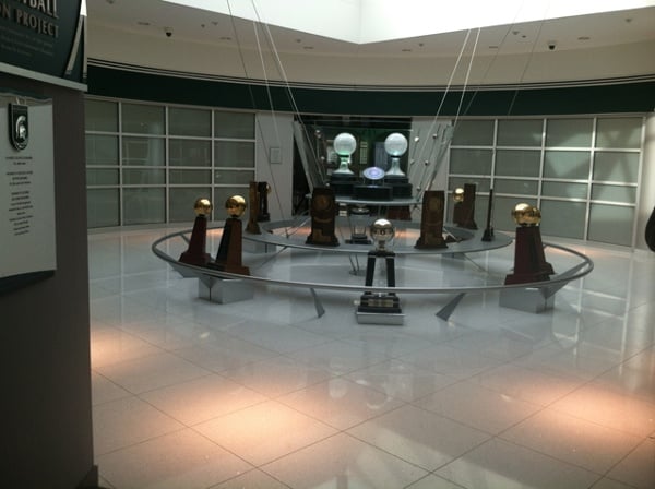 Michigan State University Breslin Student Events Center championship trophies display custom fabrication by Couturier Iron Craft, Inc.