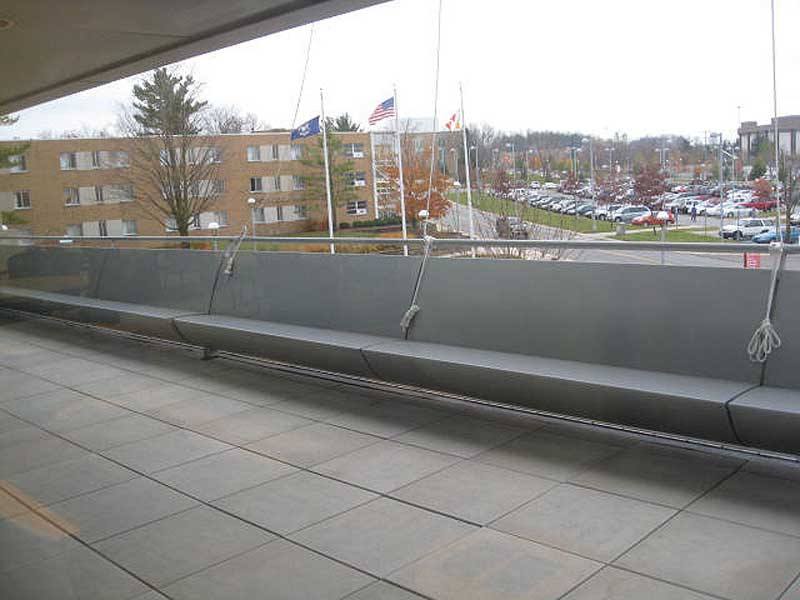 60 ft Custom fabricated aluminum bench painted silver at Ferris State University