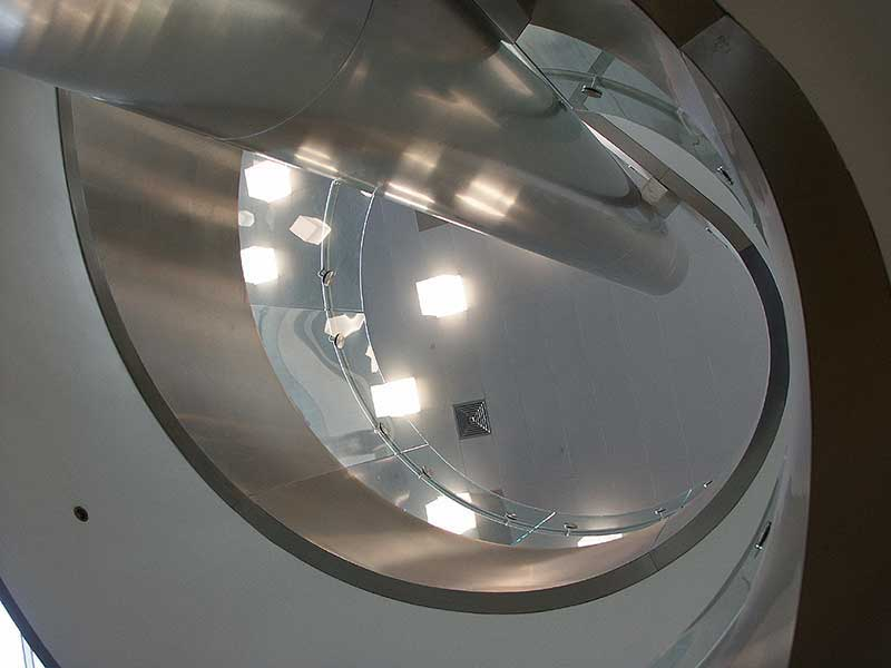 A view up through the center of the stringer on the double helix stair