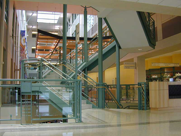 Ornamental stairway suspended from columns at Bronson hosp, Kalamazoo